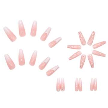 Hkanlre French Pink Press on Nails Coffin Long Heart Fake Nails Flower Full Cover Ballerina Shiny Fa...