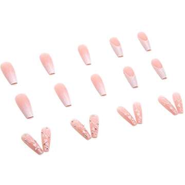 Hkanlre French Pink Press on Nails Coffin Long Heart Fake Nails Flower Full Cover Ballerina Shiny False Nails for Women and Girls 24PCS