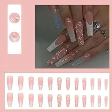Hkanlre French Pink Press on Nails Coffin Long Heart Fake Nails Flower Full Cover Ballerina Shiny False Nails for Women and Girls 24PCS