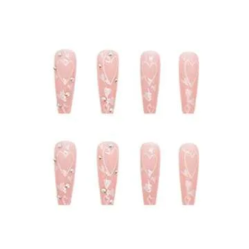 Hkanlre French Pink Press on Nails Coffin Long Heart Fake Nails Flower Full Cover Ballerina Shiny False Nails for Women and Girls 24PCS