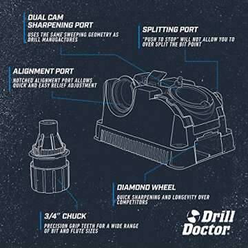 Drill Doctor DD750X Electric Drill Bit Sharpener, 3/32–3/4" High-Speed, Portable - Steel, Masonry, Carbide, Cobalt, Tin-Coated Bits, Adjustable Angles