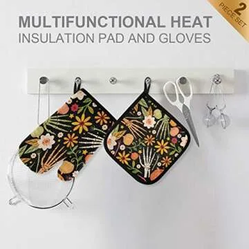 Halloween Sugar Skull Oven Mitts & Pot Holders 2pcs Decorative Day of The Dead Kitchen Heat Resistant Non-Slip Potholders Set for Cooking Baking BBQ