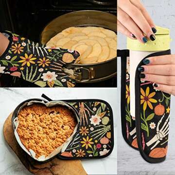 Halloween Sugar Skull Oven Mitts & Pot Holders 2pcs Decorative Day of The Dead Kitchen Heat Resistant Non-Slip Potholders Set for Cooking Baking BBQ