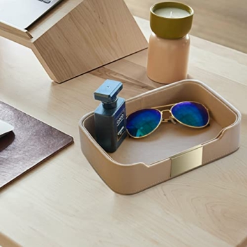 SANZIE Luxury Leather Tray Desktop Storage Catchall Organizer Decorative Tray for Entryway Table to hold Jewelry Watch Cosmetics Keys Phone Wallet Home & Office Accessories (Taupe)