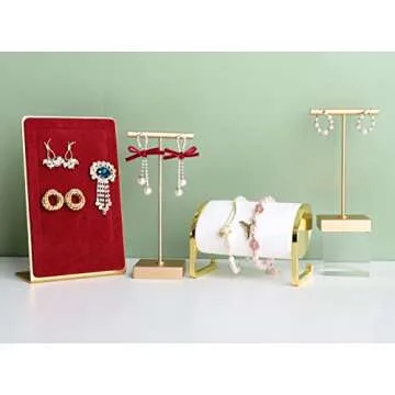 GemeShou Gold Earring Display Stands for Selling, Metal Earring T Stand, Small Jewelry Earring Holder, Dangle Hanger for Photo Shoot Online Retail【Gold-Square Base Height 4.3 inch】