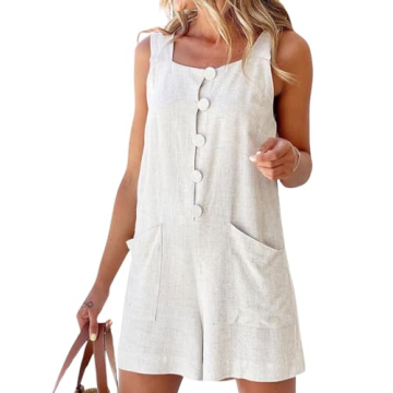 CHARTOU Women Shorts Overall Front Button Cotton Linen Summer Wide Leg Shorts Romper (Large, Beige)