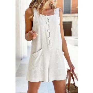 CHARTOU Women Shorts Overall Front Button Cotton Linen Summer Wide Leg Shorts Romper (Large, Beige)