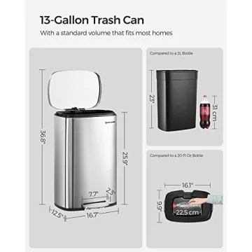 SONGMICS 13 Gallon Stainless Steel Trash Can for Kitchen