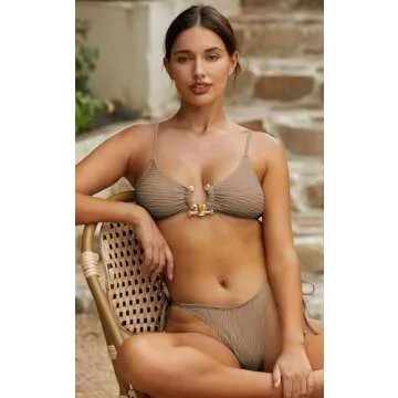 ZAFUL Women's Cutout Bikini Criss Cross Textured Metal High Leg Bikini Sets Cheeky Swimswear Two Piece Swimsuit