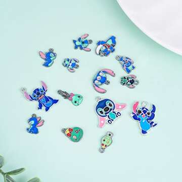 Suu 14pcs Anime Stitch Charms for Jewelry Making, Enamel Cartoon Stitch Pendant Charm for Bracelets and Necklaces or Earrings Crafting, Assorted Charm for Women Girls DIY Jewelry