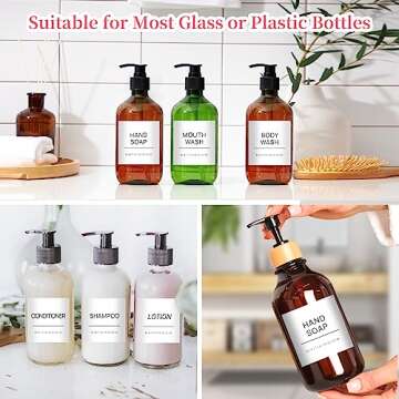 HVSWLY 24PCS Bathroom Labels for Soap Dispenser,Minimalist Waterproof Bottles Lables,Removable Hand Soap Shampoo and Conditioner Dispenser Labels for Bathroom/Kitchen Organization(2.6"x2.6",White)