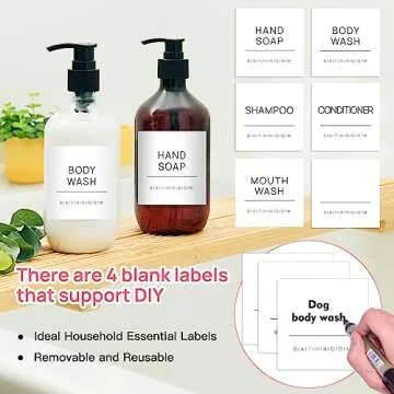 HVSWLY 24PCS Bathroom Labels for Soap Dispenser,Minimalist Waterproof Bottles Lables,Removable Hand Soap Shampoo and Conditioner Dispenser Labels for Bathroom/Kitchen Organization(2.6"x2.6",White)