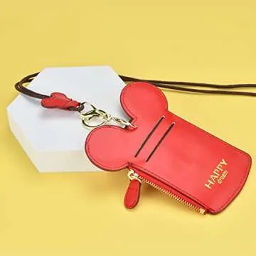 BUUFAN Chic Red Cute Travel PU Leather Student ID Card Holder Lanyard Neck Pouch Bag With Coin Wallet Purse for Students Women Kids Teens Girls