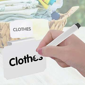 12 Pieces Basket Labels Clip on Set, Include 10 Pieces Kitchen Clip Label Holder Removable Pantry Basket Labels with 2 Pieces Black Chalk Marker for Storage Bins Organization Box (White)