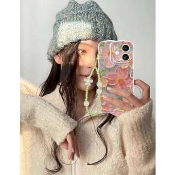 Jusy Oil Painting Flower Compatible with iPhone 11 Case, with Bracelet Chain, Colorful Retro Floral Cute Curly Wave Frame Women Girls Cover for Apple 11 (Green)