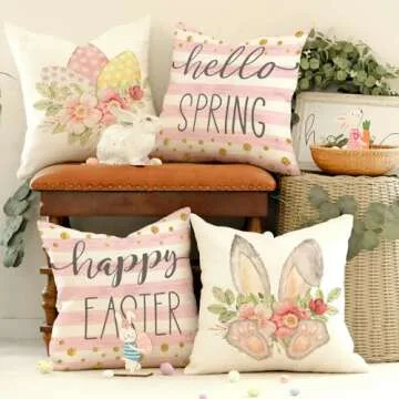 GEEORY Happy Easter Pillow Covers 18x18 Inch Set of 4, Striped Hello Spring Floral Bunny Rabbit Eggs Decorative Farmhouse Throw Pillowcases for Home Sofa Couch Decoration (Pink) G451-18
