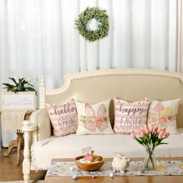 GEEORY Happy Easter Pillow Covers 18x18 Inch Set of 4, Striped Hello Spring Floral Bunny Rabbit Eggs Decorative Farmhouse Throw Pillowcases for Home Sofa Couch Decoration (Pink) G451-18