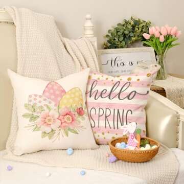 GEEORY Happy Easter Pillow Covers 18x18 Inch Set of 4, Striped Hello Spring Floral Bunny Rabbit Eggs Decorative Farmhouse Throw Pillowcases for Home Sofa Couch Decoration (Pink) G451-18
