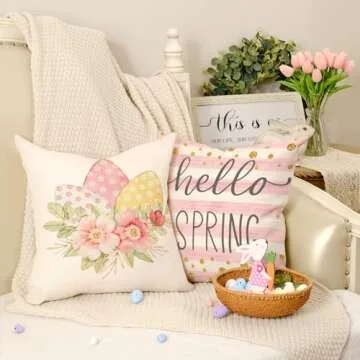 GEEORY Happy Easter Pillow Covers 18x18 Inch Set of 4, Striped Hello Spring Floral Bunny Rabbit Eggs Decorative Farmhouse Throw Pillowcases for Home Sofa Couch Decoration (Pink) G451-18