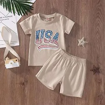 BOUTIKOME Toddler Baby 4th of July Outfit Boy Girl Oversized Romper USA Shirts Shorts Set American Flag Matching Clothes(Khaki,4-5T)