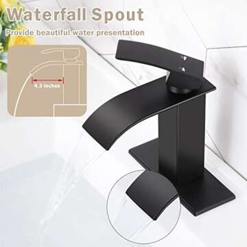 Qomolangma Black Waterfall Spout Bathroom Faucet, Single Handle Vanity Sink, Rv Lavatory Vessel Faucet Suitable for 1 or 3 Holes with 6 Inch Deck Plate & Hose Matte Black