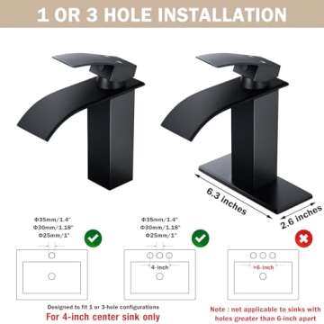 Qomolangma Black Waterfall Spout Bathroom Faucet, Single Handle Vanity Sink, Rv Lavatory Vessel Faucet Suitable for 1 or 3 Holes with 6 Inch Deck Plate & Hose Matte Black
