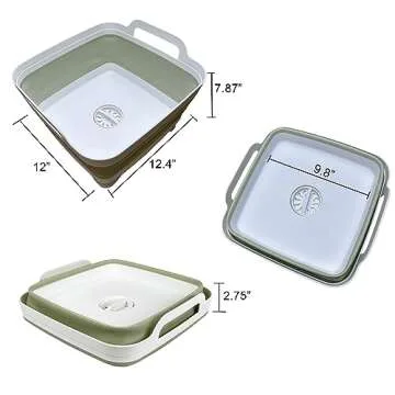 Leemeimei 9L (2.4Gal) Dish Basin Collapsible with Drain Plug, Space Saveing Kitchen Storage Tray Dish Wash Basin, Portable Dish Tub, Foldable Dishpan for Camping,RV,Green