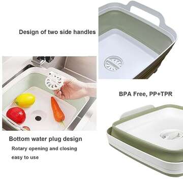 Leemeimei 9L (2.4Gal) Dish Basin Collapsible with Drain Plug, Space Saveing Kitchen Storage Tray Dish Wash Basin, Portable Dish Tub, Foldable Dishpan for Camping,RV,Green