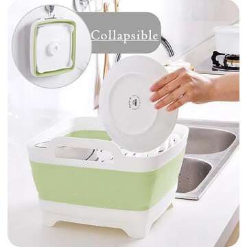 Leemeimei 9L (2.4Gal) Dish Basin Collapsible with Drain Plug, Space Saveing Kitchen Storage Tray Dish Wash Basin, Portable Dish Tub, Foldable Dishpan for Camping,RV,Green
