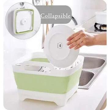 Leemeimei 9L (2.4Gal) Dish Basin Collapsible with Drain Plug, Space Saveing Kitchen Storage Tray Dish Wash Basin, Portable Dish Tub, Foldable Dishpan for Camping,RV,Green