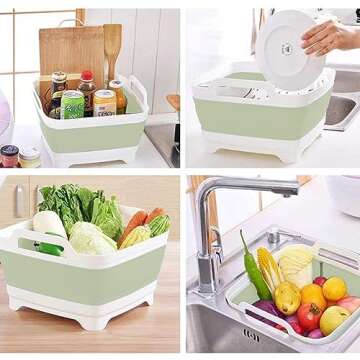 Leemeimei 9L (2.4Gal) Dish Basin Collapsible with Drain Plug, Space Saveing Kitchen Storage Tray Dish Wash Basin, Portable Dish Tub, Foldable Dishpan for Camping,RV,Green