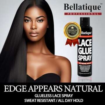 BELLATIQUE Lace Glue Spray (6.76 oz) - Extreme Hold. Edges Appear Natural, Humidity Resistant, Sweat Resistant, All Day Hold, Quick Drying, Flake Free, Easily Removed, Quick & Easy.