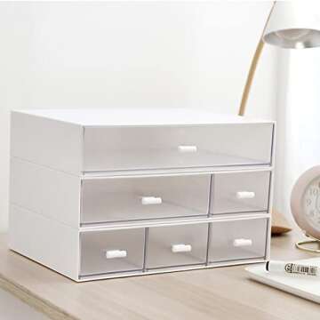 kulusion Desk Organizer-3 Tier Stackable Storage Drawers with 6 Compartments White Stackable Great for Makeup, Bathroom Organization Accessories Etc (White)
