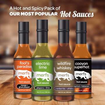 Merfs Condiments Gourmet Hot Sauce Gift Set Variety Pack | Medium to Super Hot Heat | Lime, Habanero, Whiskey, Mango | All Natural, Vegan, Sugar Free, Low Carb, Paleo & Keto | 5 Fl Oz (Pack of 4)