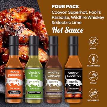 Merfs Condiments Gourmet Hot Sauce Gift Set Variety Pack | Medium to Super Hot Heat | Lime, Habanero, Whiskey, Mango | All Natural, Vegan, Sugar Free, Low Carb, Paleo & Keto | 5 Fl Oz (Pack of 4)