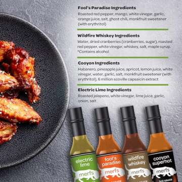 Merfs Condiments Gourmet Hot Sauce Gift Set Variety Pack | Medium to Super Hot Heat | Lime, Habanero, Whiskey, Mango | All Natural, Vegan, Sugar Free, Low Carb, Paleo & Keto | 5 Fl Oz (Pack of 4)