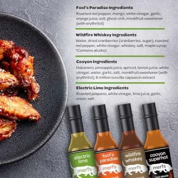 Merfs Condiments Gourmet Hot Sauce Gift Set Variety Pack | Medium to Super Hot Heat | Lime, Habanero, Whiskey, Mango | All Natural, Vegan, Sugar Free, Low Carb, Paleo & Keto | 5 Fl Oz (Pack of 4)