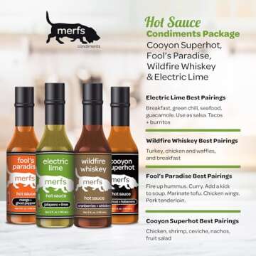 Merfs Condiments Gourmet Hot Sauce Gift Set Variety Pack | Medium to Super Hot Heat | Lime, Habanero, Whiskey, Mango | All Natural, Vegan, Sugar Free, Low Carb, Paleo & Keto | 5 Fl Oz (Pack of 4)