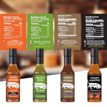 Merfs Condiments Gourmet Hot Sauce Gift Set Variety Pack | Medium to Super Hot Heat | Lime, Habanero, Whiskey, Mango | All Natural, Vegan, Sugar Free, Low Carb, Paleo & Keto | 5 Fl Oz (Pack of 4)