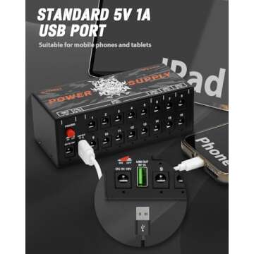 STRICH SPS X-Hub Guitar Pedal Power Supply for 9V/12V/18V, 100mA - 300mA Effects Pedals, 16 Isolated Outputs, Short-Circuit Protection and noiseless, 5V 1A USB Port Supports Mobile Devices, Tablets