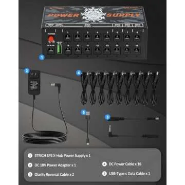 STRICH SPS X-Hub Guitar Pedal Power Supply for 9V/12V/18V, 100mA - 300mA Effects Pedals, 16 Isolated Outputs, Short-Circuit Protection and noiseless, 5V 1A USB Port Supports Mobile Devices, Tablets