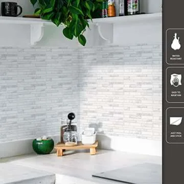 Art3d 10-Sheet Premium Stick On Kitchen Backsplash Tiles, 12"x12" Peel and Stick Self Adhesive Wall Tiles, White Marble Design