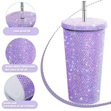 Mimorou Studded Bling Diamond Tumbler Glitter Water Bottle with Lid Stainless Steel Vacuum Thermal Straw Rhinestone Tumbler with 1 Pcs Cup Brush 6 Pcs Straw Brushes for Women(16.9 oz,Light Purple)