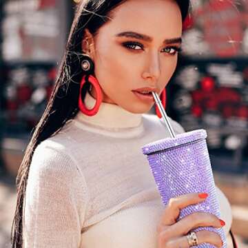 Mimorou Studded Bling Diamond Tumbler Glitter Water Bottle with Lid Stainless Steel Vacuum Thermal Straw Rhinestone Tumbler with 1 Pcs Cup Brush 6 Pcs Straw Brushes for Women(16.9 oz,Light Purple)