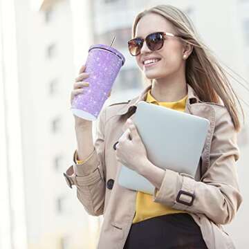 Mimorou Studded Bling Diamond Tumbler Glitter Water Bottle with Lid Stainless Steel Vacuum Thermal Straw Rhinestone Tumbler with 1 Pcs Cup Brush 6 Pcs Straw Brushes for Women(16.9 oz,Light Purple)