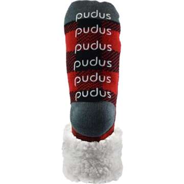 Pudus Lumberjack Red Cozy Winter Slipper Socks for Women and Men with Non-Slip Grippers and Faux Fur Sherpa Fleece - Adult Regular Fuzzy Socks