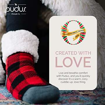 Pudus Lumberjack Red Cozy Winter Slipper Socks for Women and Men with Non-Slip Grippers and Faux Fur Sherpa Fleece - Adult Regular Fuzzy Socks