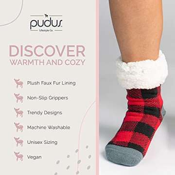 Pudus Lumberjack Red Cozy Winter Slipper Socks for Women and Men with Non-Slip Grippers and Faux Fur Sherpa Fleece - Adult Regular Fuzzy Socks