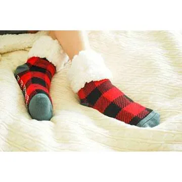 Pudus Lumberjack Red Cozy Winter Slipper Socks for Women and Men with Non-Slip Grippers and Faux Fur Sherpa Fleece - Adult Regular Fuzzy Socks