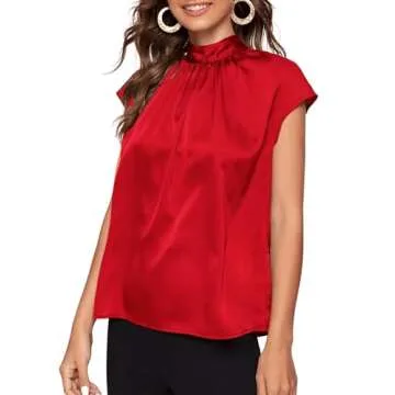 SOLY HUX Women's Elegant Satin Blouse - Red Short Sleeve